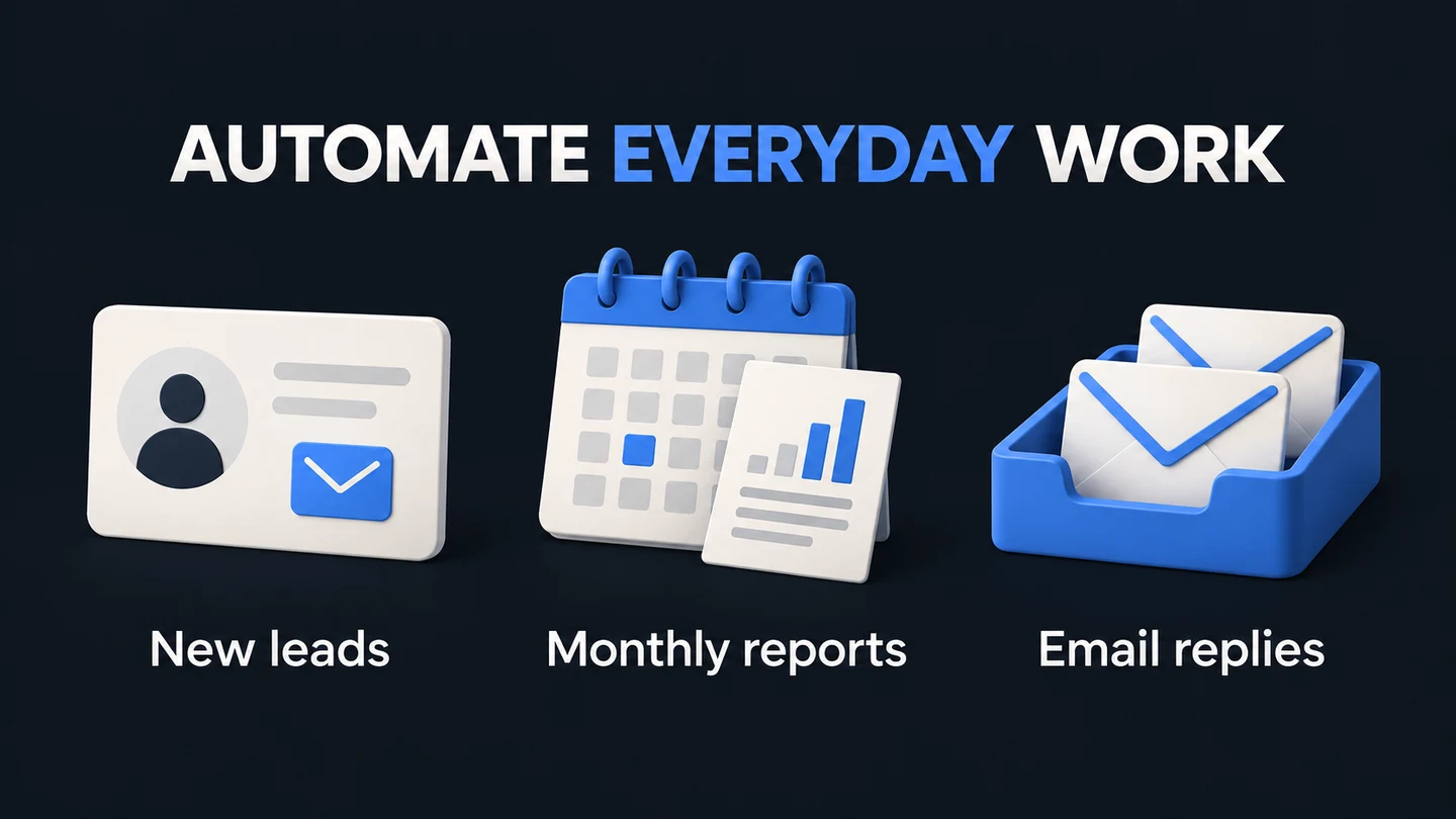 Three everyday automation uses: new leads, monthly reports, and email reply drafts