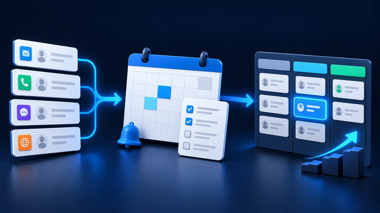 Illustration of incoming leads flowing into a follow-up checklist and sales pipeline