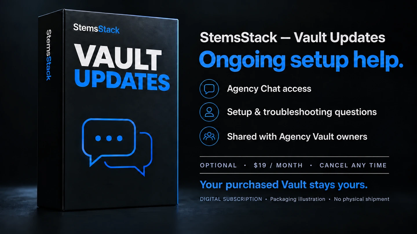 Vault Updates optional membership packaging: $19 monthly Agency Chat access, setup and troubleshooting questions, shared with Agency Vault owners