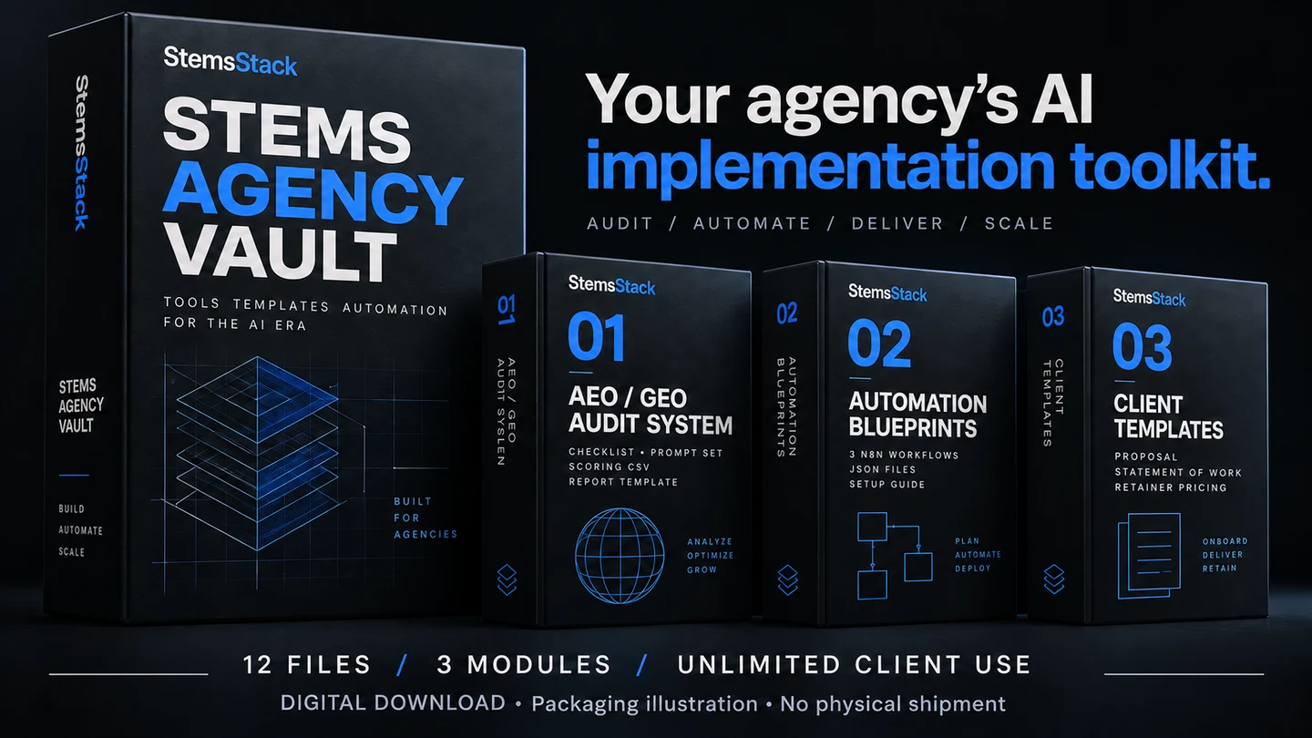 Stems Agency Vault digital box set: AEO / GEO Audit System, Automation Blueprints and Client Templates